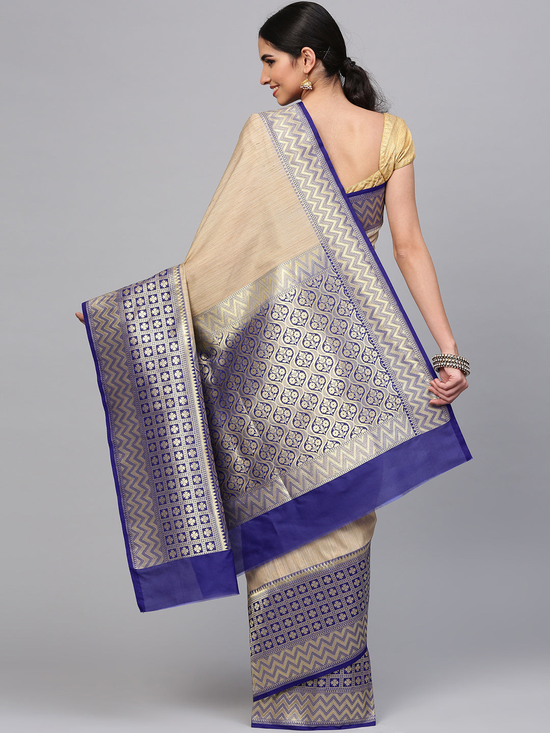Handloom Banarasi Silk Saree with Zari Geometric and Floral Motifs