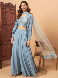 Chhabra 555 Powder Blue Sequin Embellished Crop-Top Palazzo Set with Jasmine style Cape Sleeves 