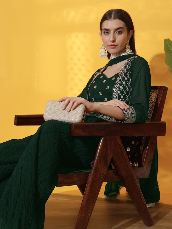 Indo western Set with Embroidered Jacket, Crop Top & Pleated Palazzo