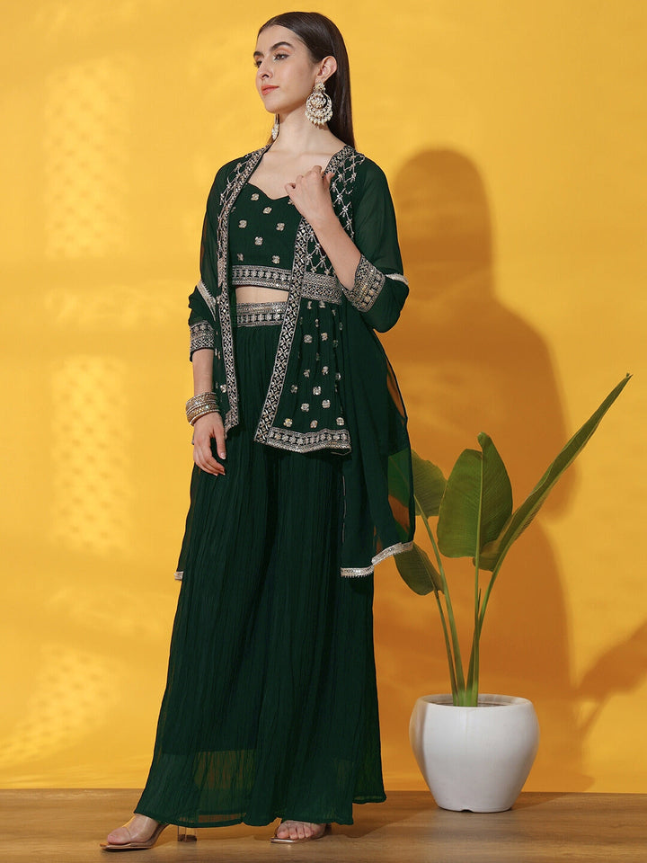 Indo western Set with Embroidered Jacket, Crop Top & Pleated Palazzo