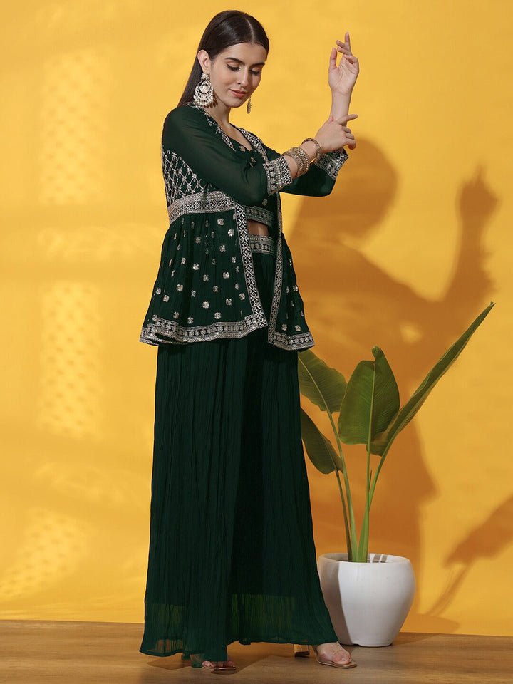 Indo western Set with Embroidered Jacket, Crop Top & Pleated Palazzo