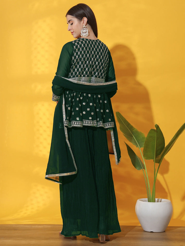 Indo western Set with Embroidered Jacket, Crop Top & Pleated Palazzo
