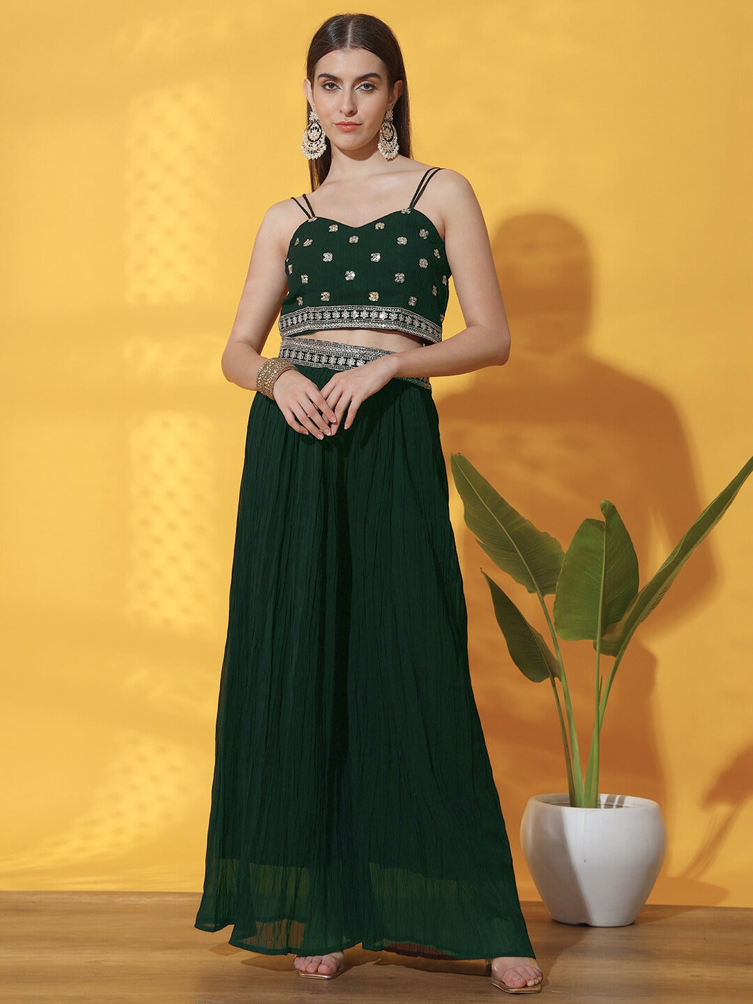 Indo western Set with Embroidered Jacket, Crop Top & Pleated Palazzo