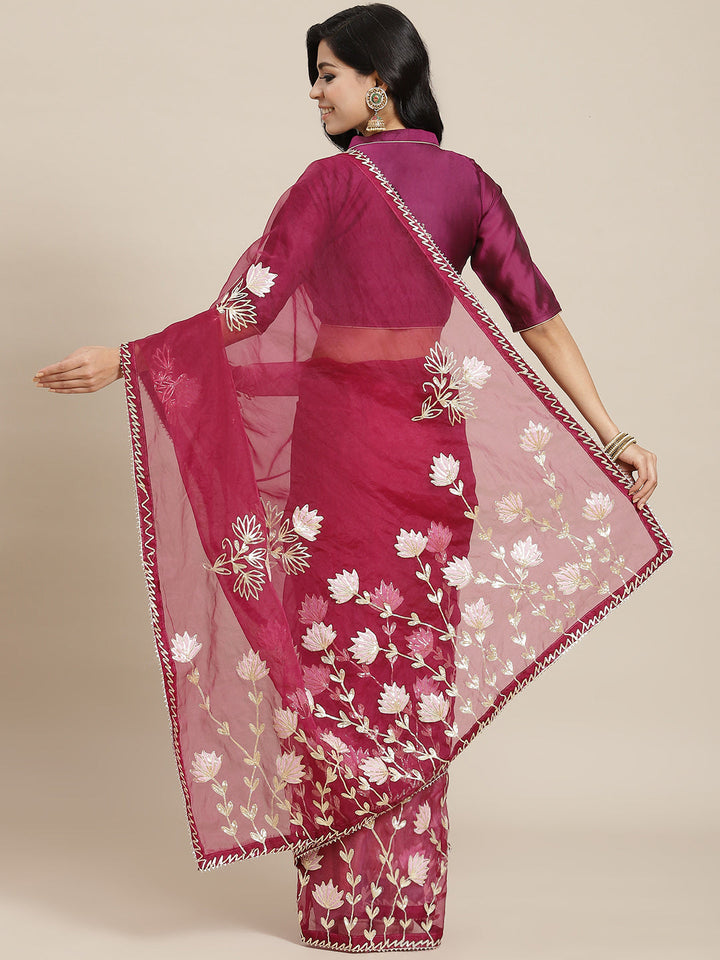Wine Organza Jaipuri Saree with Resham Embroidery & Contrast Blouse