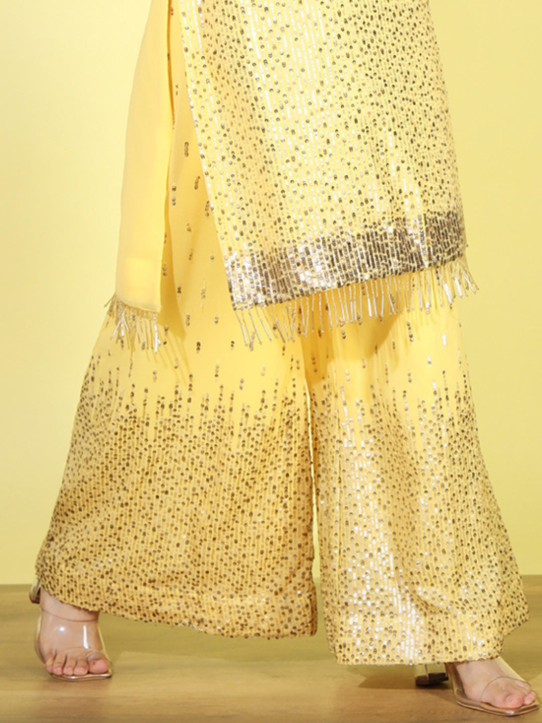 Yellow Sequin Embellished Kurta Set with Flared Palazzo & Dupatta