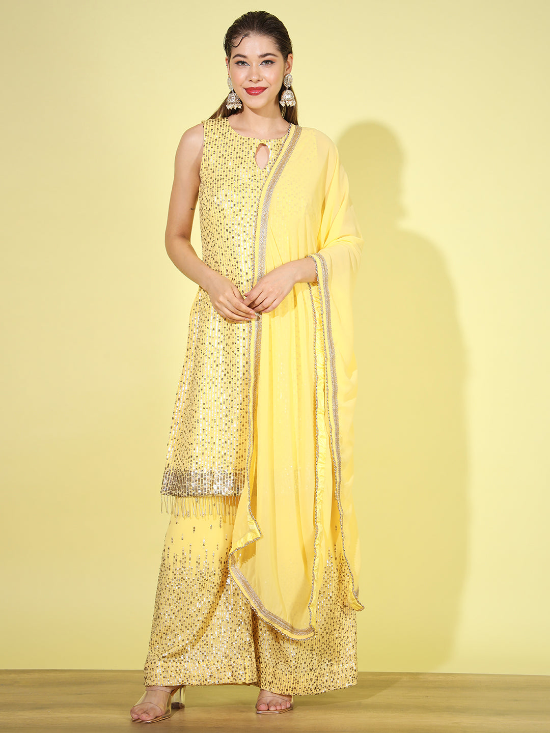 Yellow Sequin Embellished Kurta Set with Flared Palazzo & Dupatta