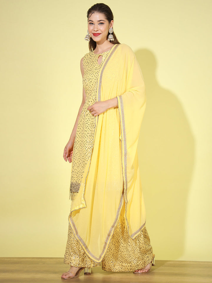Yellow Sequin Embellished Kurta Set with Flared Palazzo & Dupatta