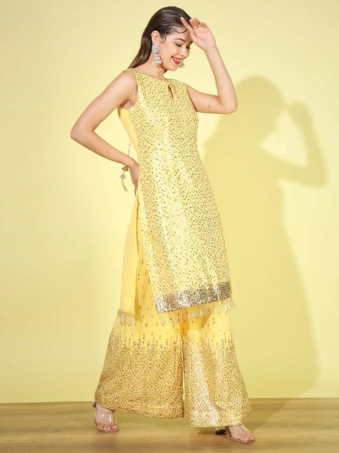 Yellow Sequin Embellished Kurta Set with Flared Palazzo & Dupatta
