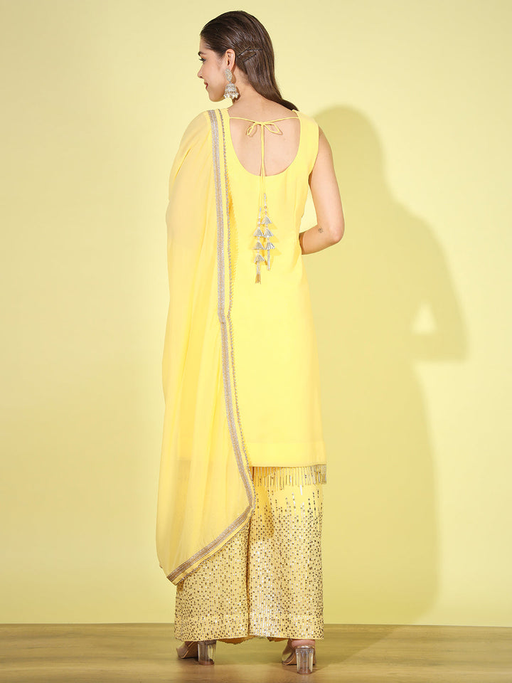 Yellow Sequin Embellished Kurta Set with Flared Palazzo & Dupatta