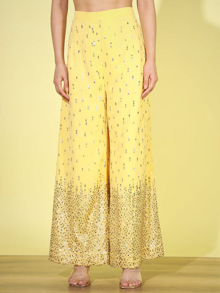 Yellow Sequin Embellished Kurta Set with Flared Palazzo & Dupatta