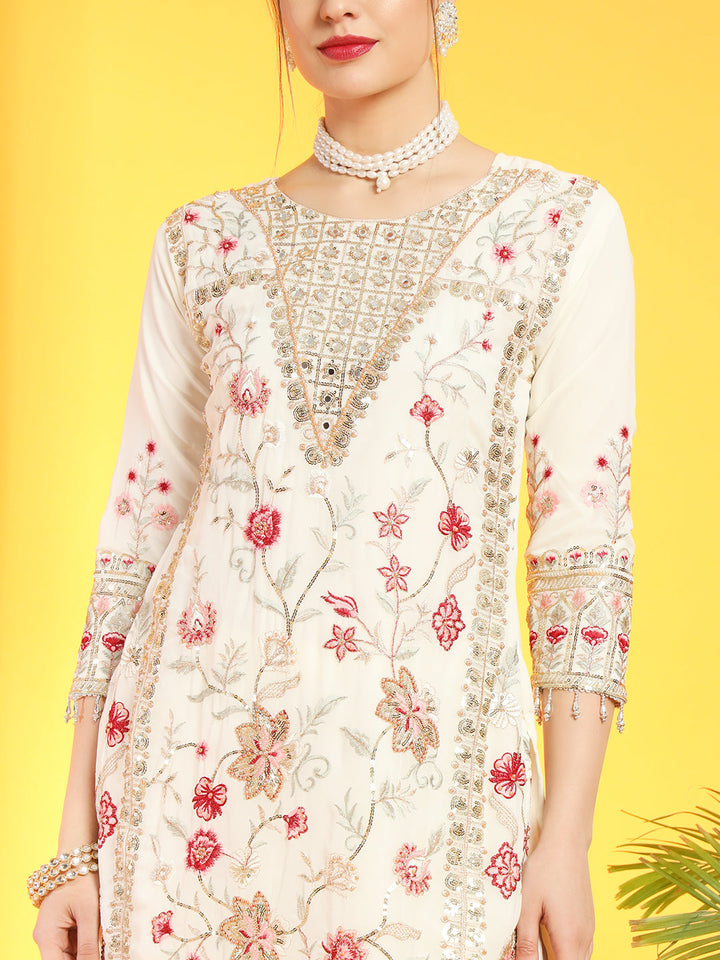 Pakistani Inspired Floral Embroidery Georgette Kurta Set With Contrast Scalloped Dupatta