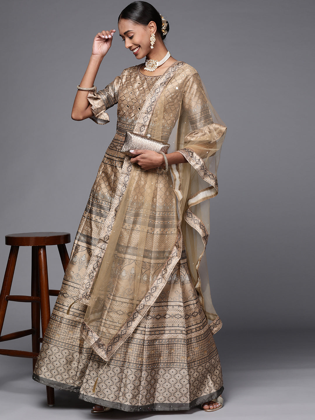 Digital Printed Mirror Embellished Flared Sleeves Gown