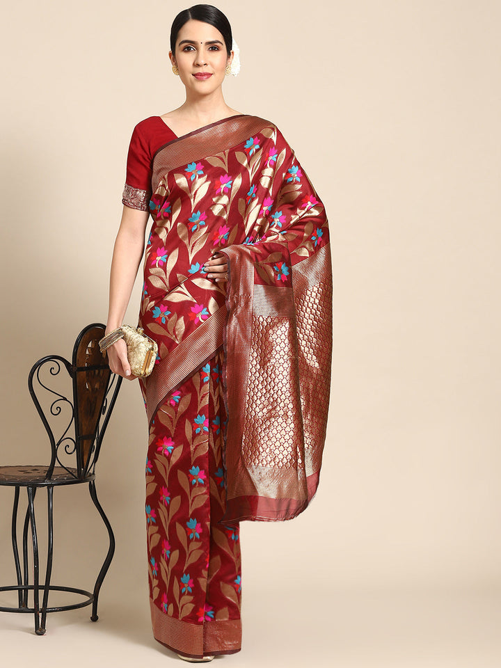 Maroon Banarasi Floral Meenakari Resham Woven Embellished Silk Saree