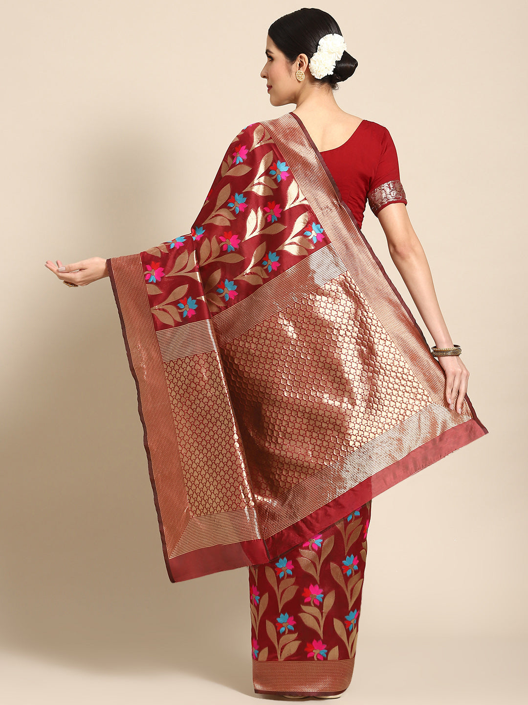 Maroon Banarasi Floral Meenakari Resham Woven Embellished Silk Saree