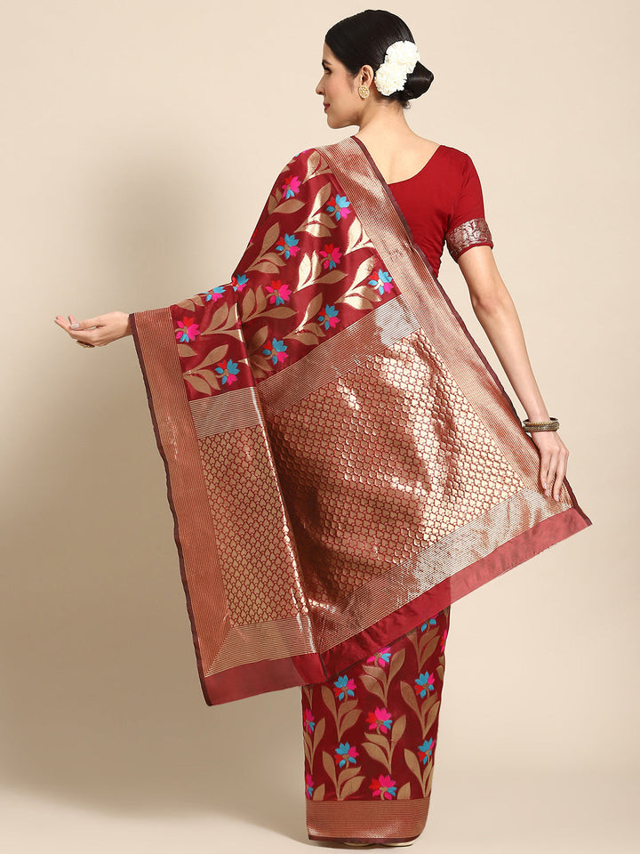 Maroon Banarasi Floral Meenakari Resham Woven Embellished Silk Saree