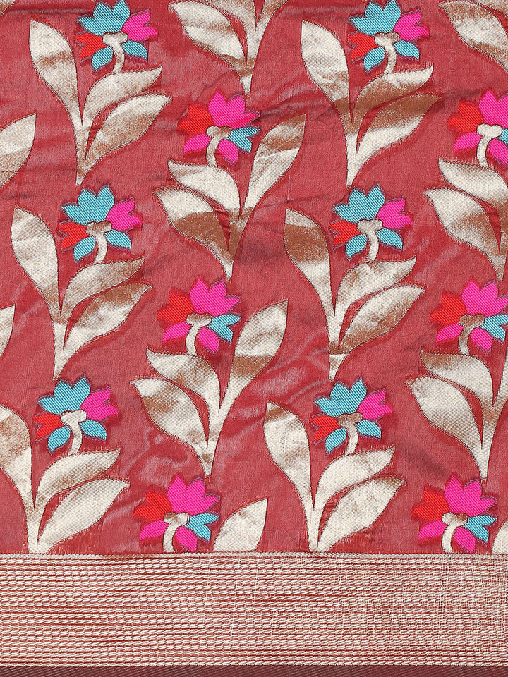 Maroon Banarasi Floral Meenakari Resham Woven Embellished Silk Saree