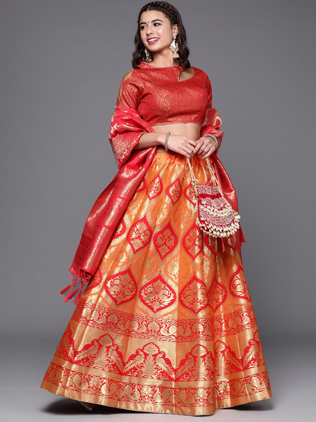 Orange & Red Semi Stitched Banarasi Brocade Silk Lehenga Set with Peacock Motif Weaving
