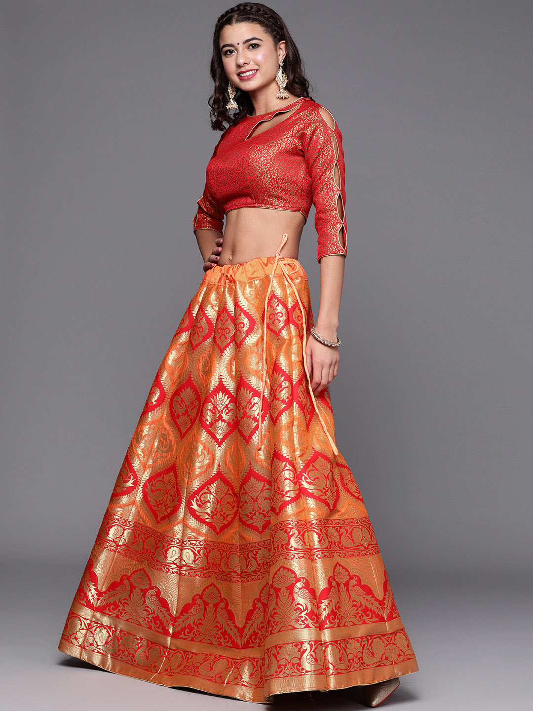 Orange & Red Semi Stitched Banarasi Brocade Silk Lehenga Set with Peacock Motif Weaving