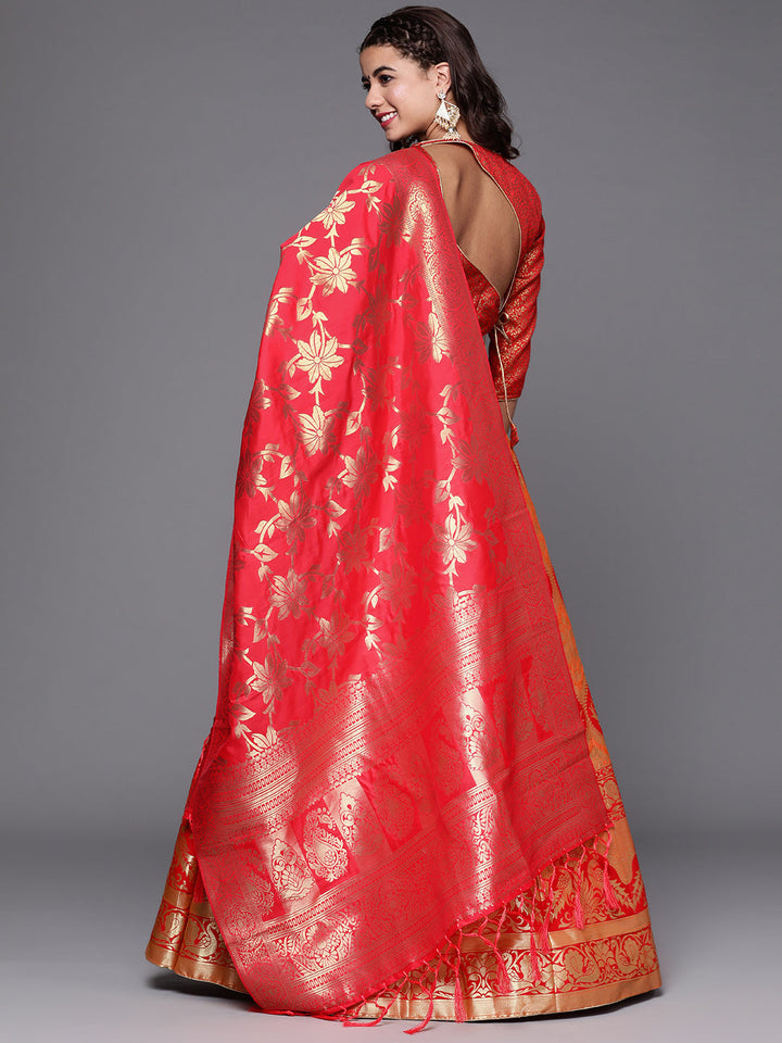 Orange & Red Semi Stitched Banarasi Brocade Silk Lehenga Set with Peacock Motif Weaving