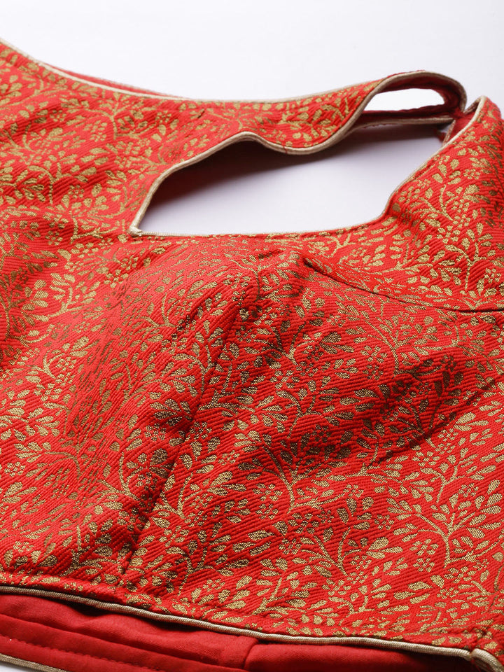 Orange & Red Semi Stitched Banarasi Brocade Silk Lehenga Set with Peacock Motif Weaving