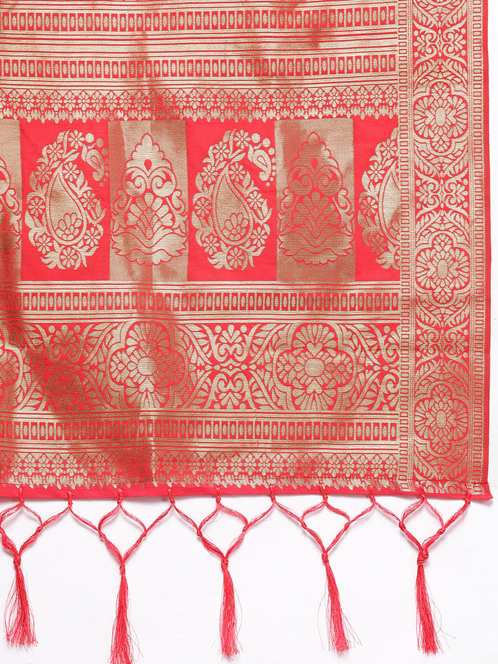 Orange & Red Semi Stitched Banarasi Brocade Silk Lehenga Set with Peacock Motif Weaving