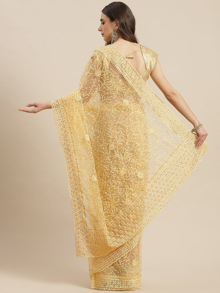 Net Embroidered Saree Embellished With Stone Work & Scalopped Border