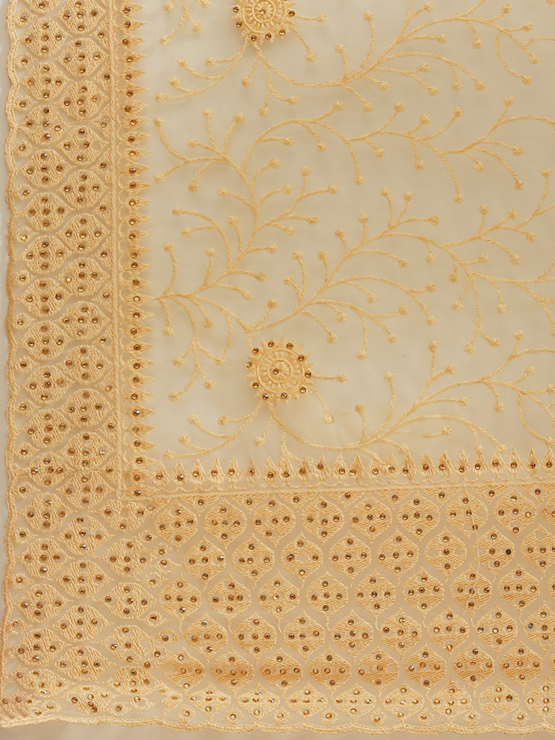 Net Embroidered Saree Embellished With Stone Work & Scalopped Border