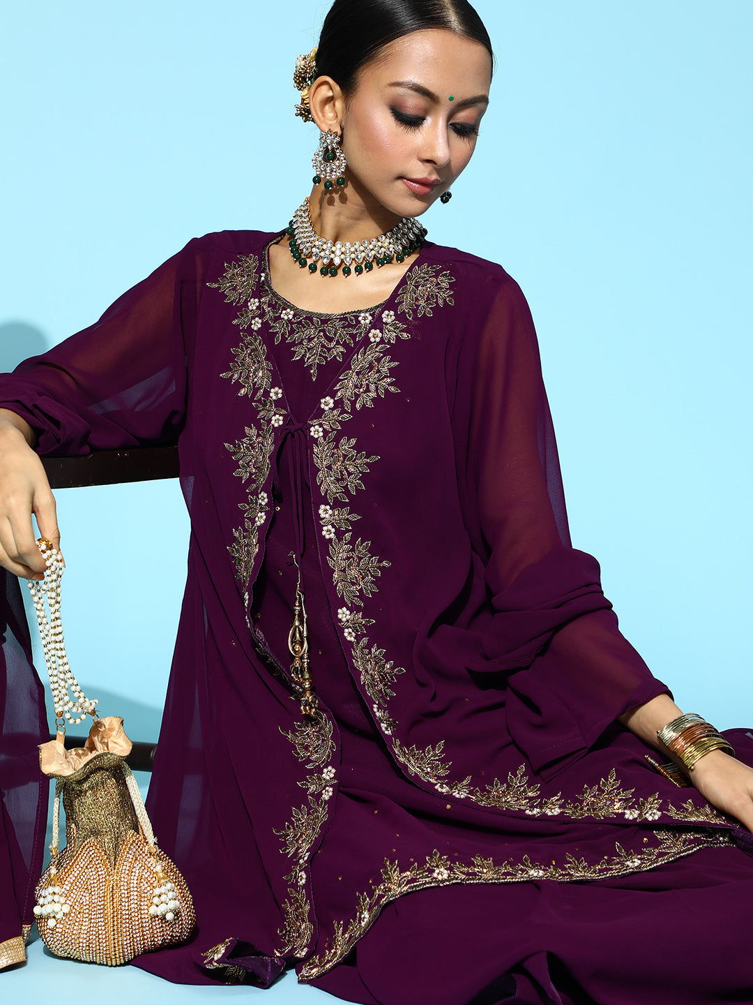 Georgette Jacket style Lehanga Set with Kasab and Kundan Embroidery