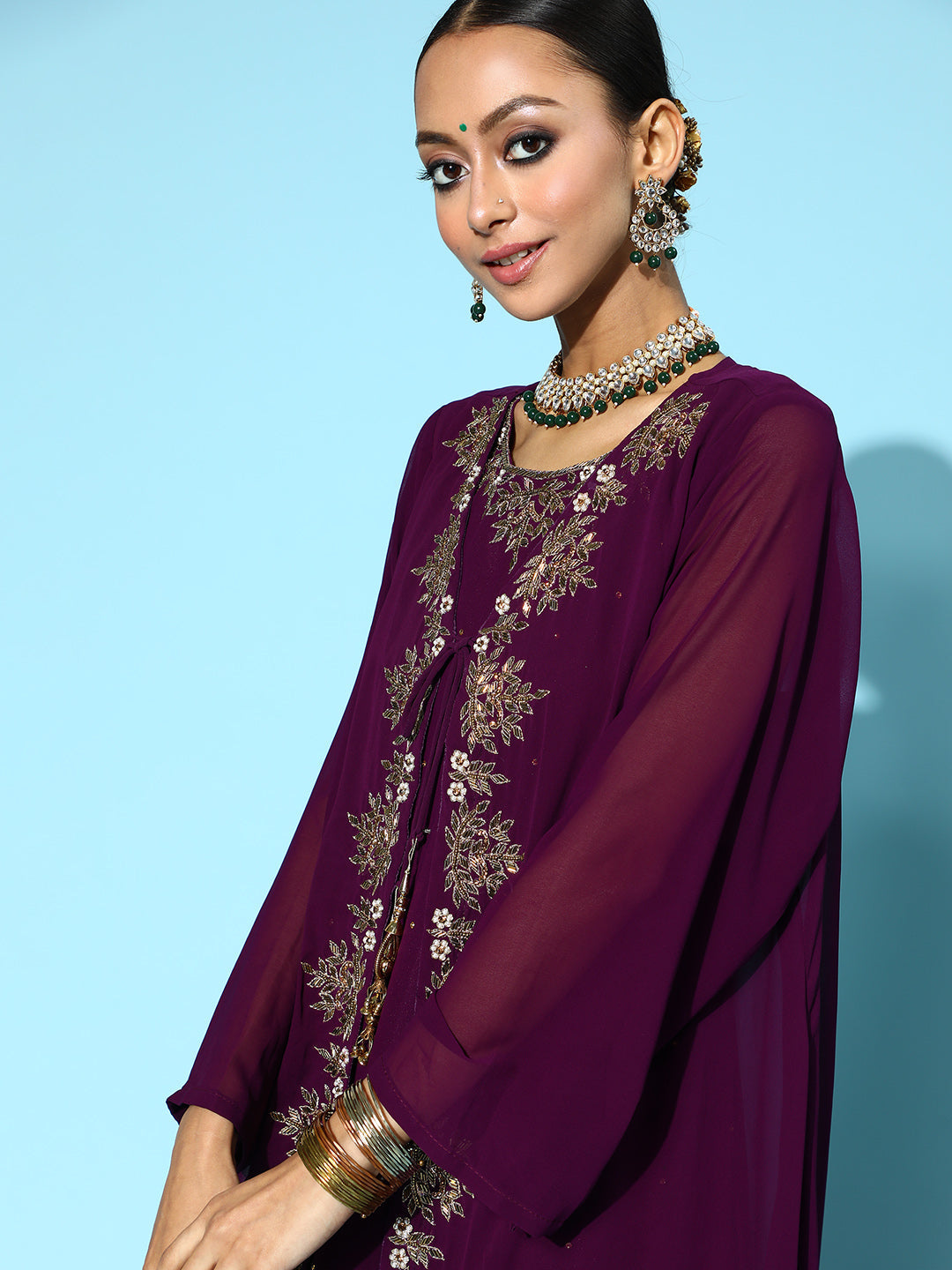 Georgette Jacket style Lehanga Set with Kasab and Kundan Embroidery