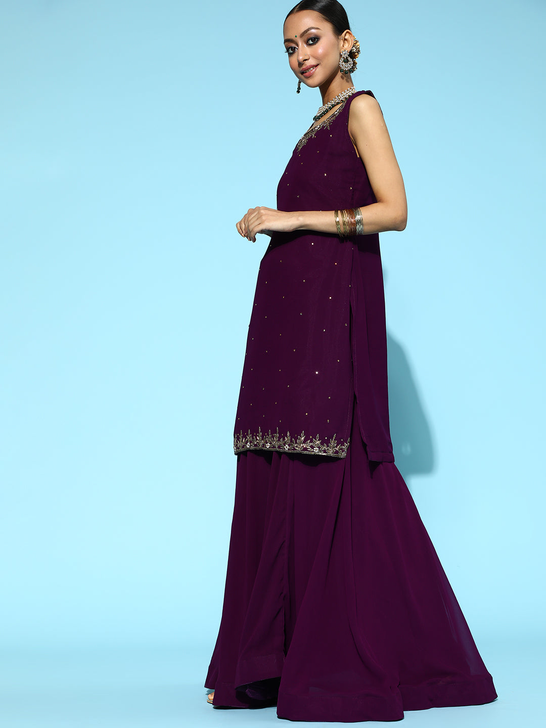 Georgette Jacket style Lehanga Set with Kasab and Kundan Embroidery
