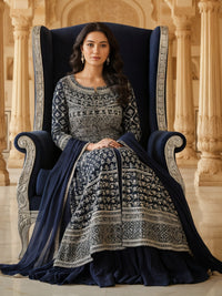 Resham Embroidered Kalidar Indo-Western Kurta Set with Accordian Pleat Skirt & Dupatta