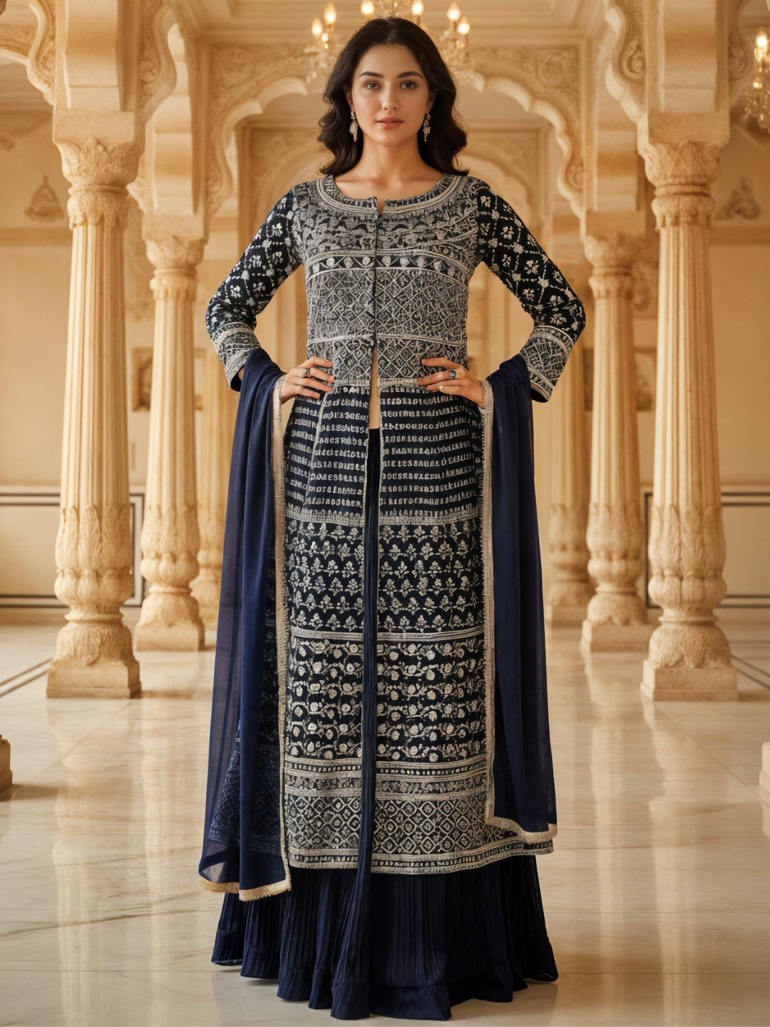 Resham Embroidered Kalidar Indo-Western Kurta Set with Accordian Pleat Skirt & Dupatta