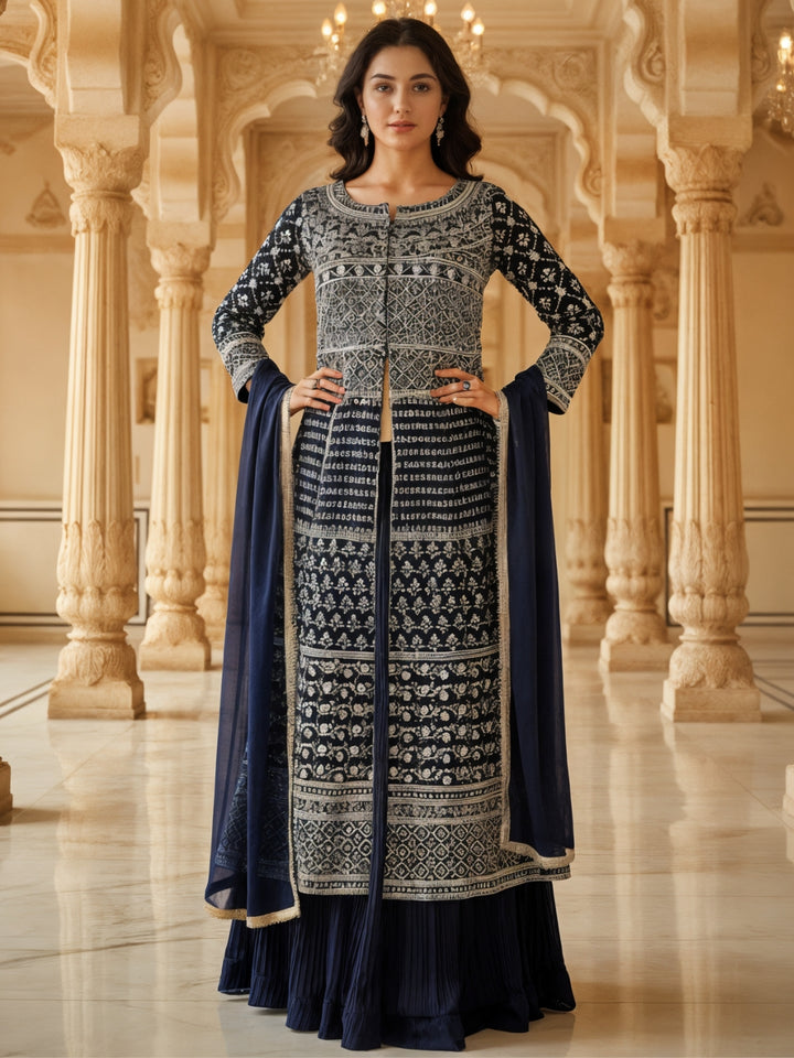 Resham Embroidered Kalidar Indo-Western Kurta Set with Accordian Pleat Skirt & Dupatta