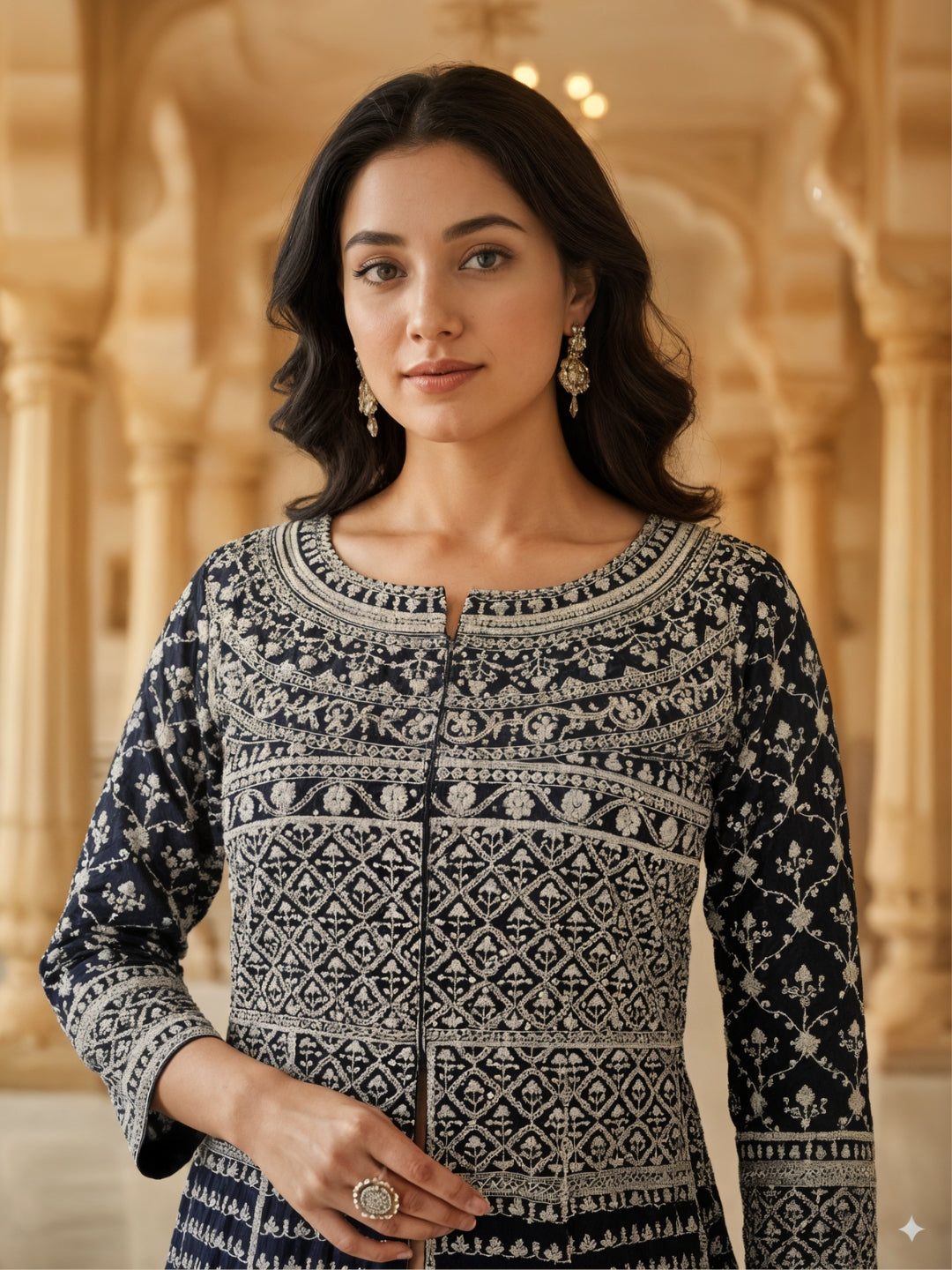 Resham Embroidered Kalidar Indo-Western Kurta Set with Accordian Pleat Skirt & Dupatta