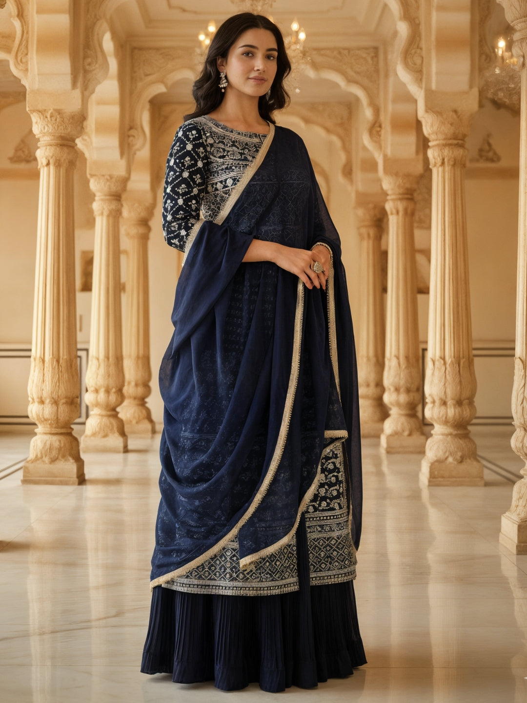 Resham Embroidered Kalidar Indo-Western Kurta Set with Accordian Pleat Skirt & Dupatta