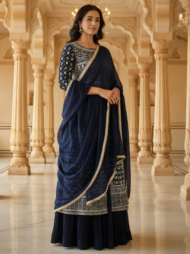 Resham Embroidered Kalidar Indo-Western Kurta Set with Accordian Pleat Skirt & Dupatta