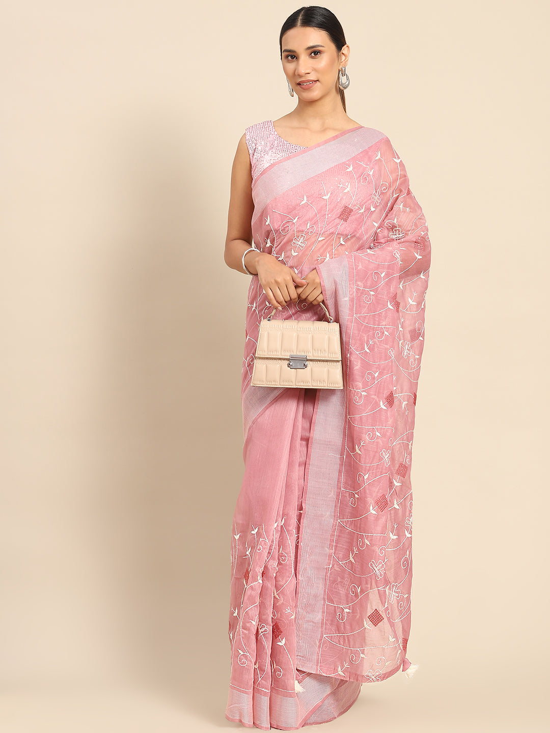 Lilac White Resham thread Embroidery Embellished Chanderi Cotton Saree