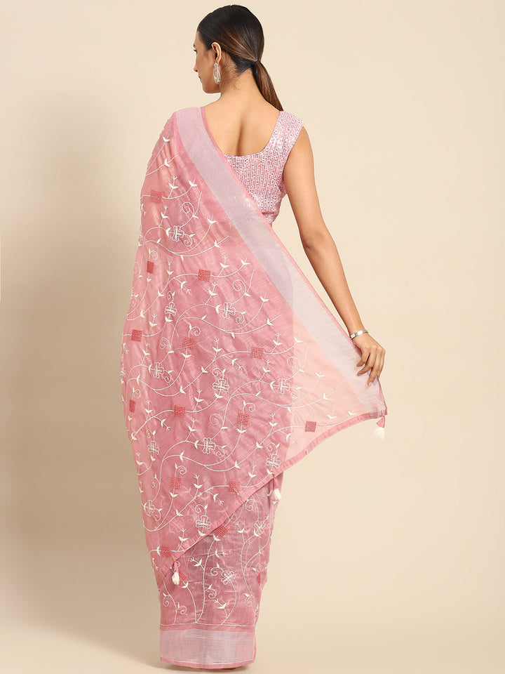 Lilac White Resham thread Embroidery Embellished Chanderi Cotton Saree