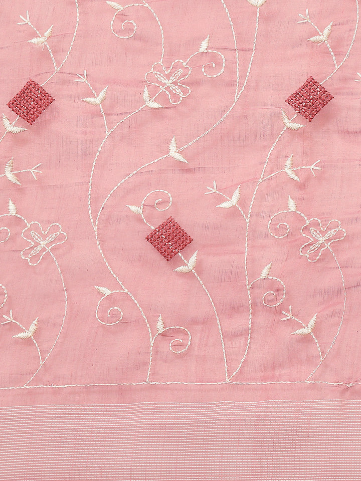 Lilac White Resham thread Embroidery Embellished Chanderi Cotton Saree