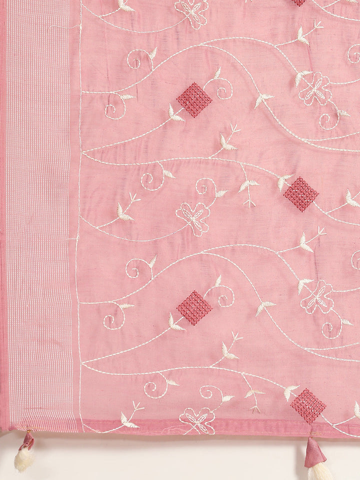 Lilac White Resham thread Embroidery Embellished Chanderi Cotton Saree