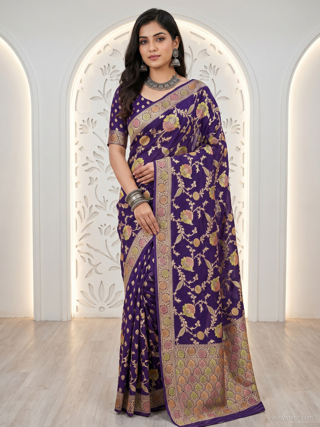 Purple Banarasi Silk Saree with Multicolor Floral Meenakari Weave and Blouse Piece