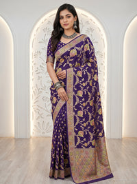 Purple Banarasi Silk Saree with Multicolor Floral Meenakari Weave and Blouse Piece