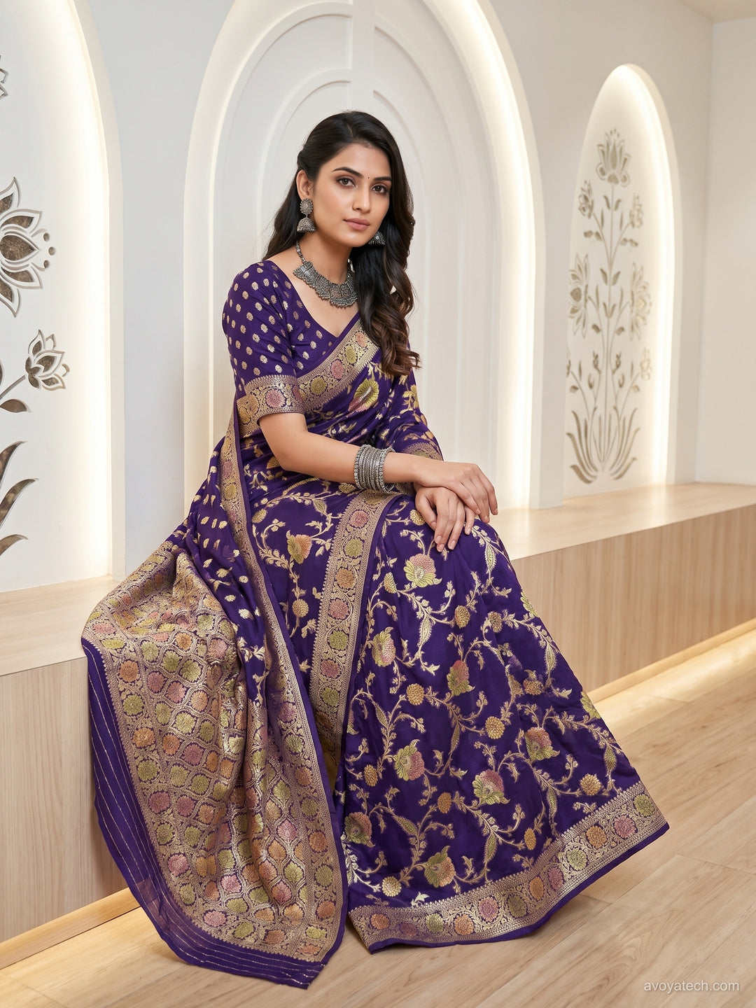 Purple Banarasi Silk Saree with Multicolor Floral Meenakari Weave and Blouse Piece