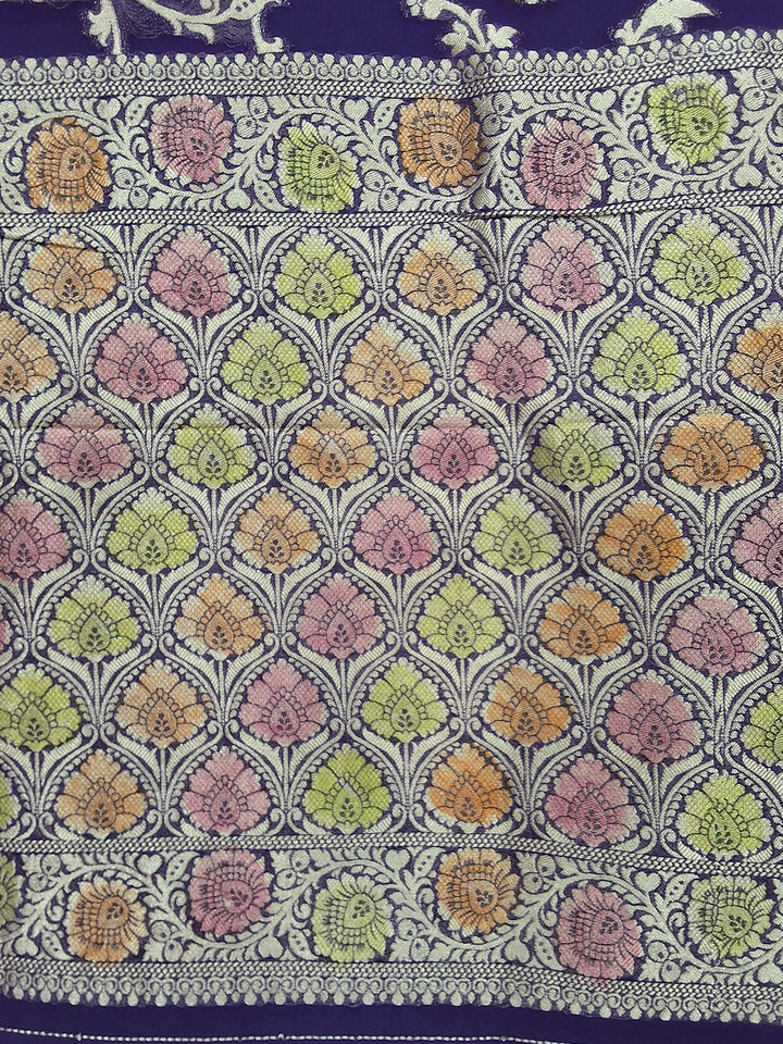 Purple Banarasi Silk Saree with Multicolor Floral Meenakari Weave and Blouse Piece