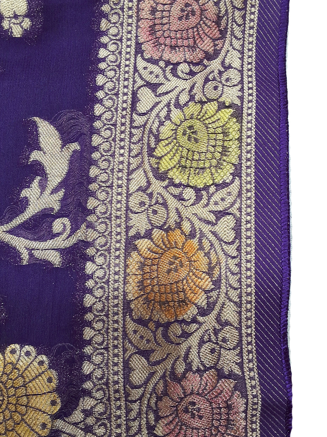 Purple Banarasi Silk Saree with Multicolor Floral Meenakari Weave and Blouse Piece