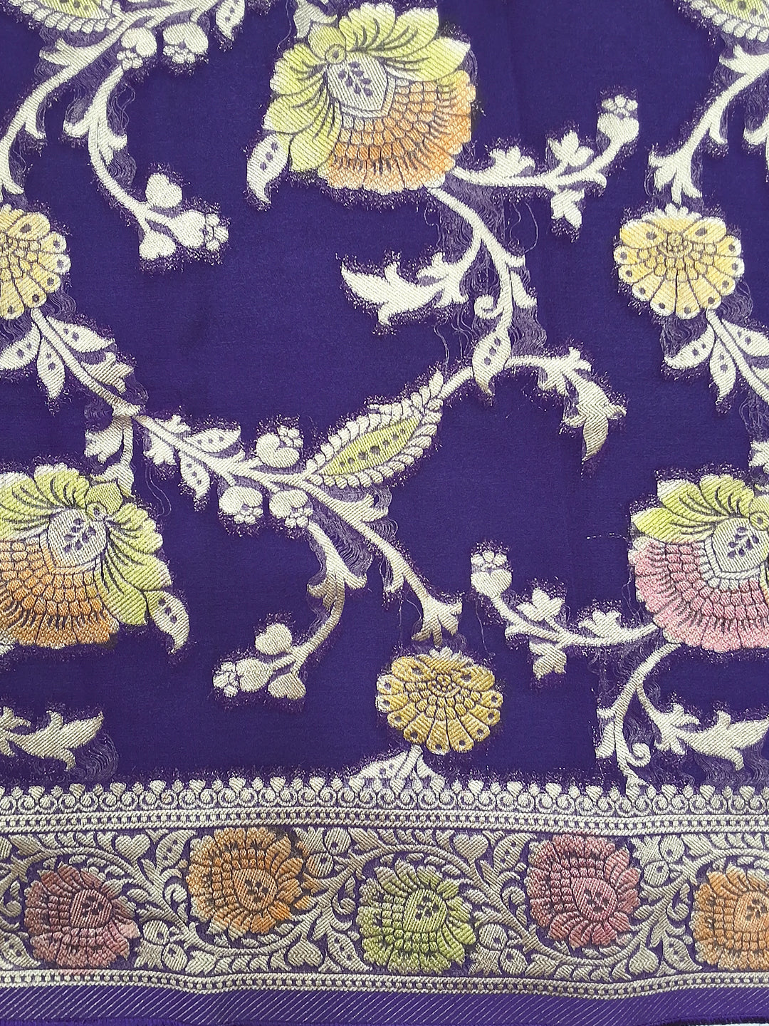 Purple Banarasi Silk Saree with Multicolor Floral Meenakari Weave and Blouse Piece