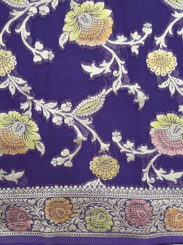 Purple Banarasi Silk Saree with Multicolor Floral Meenakari Weave and Blouse Piece