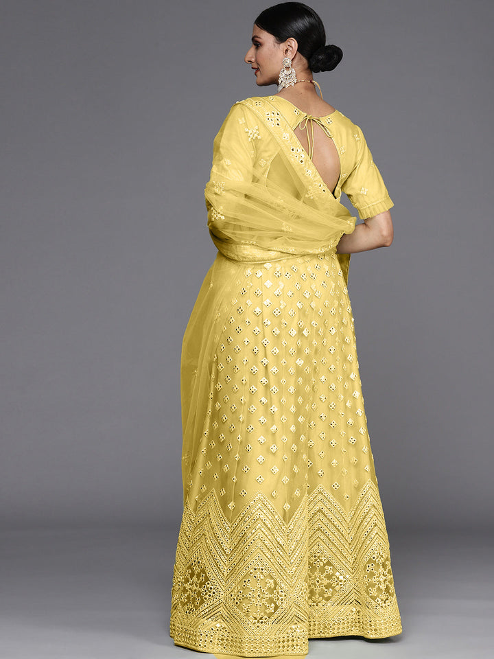 Semi Stitch Yellow Mirror Embellished Chevron Net Lehenga Choli Set