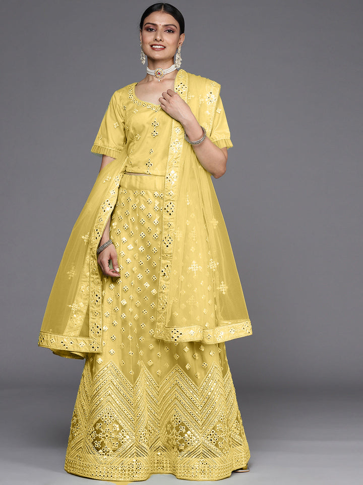 Semi Stitch Yellow Mirror Embellished Chevron Net Lehenga Choli Set
