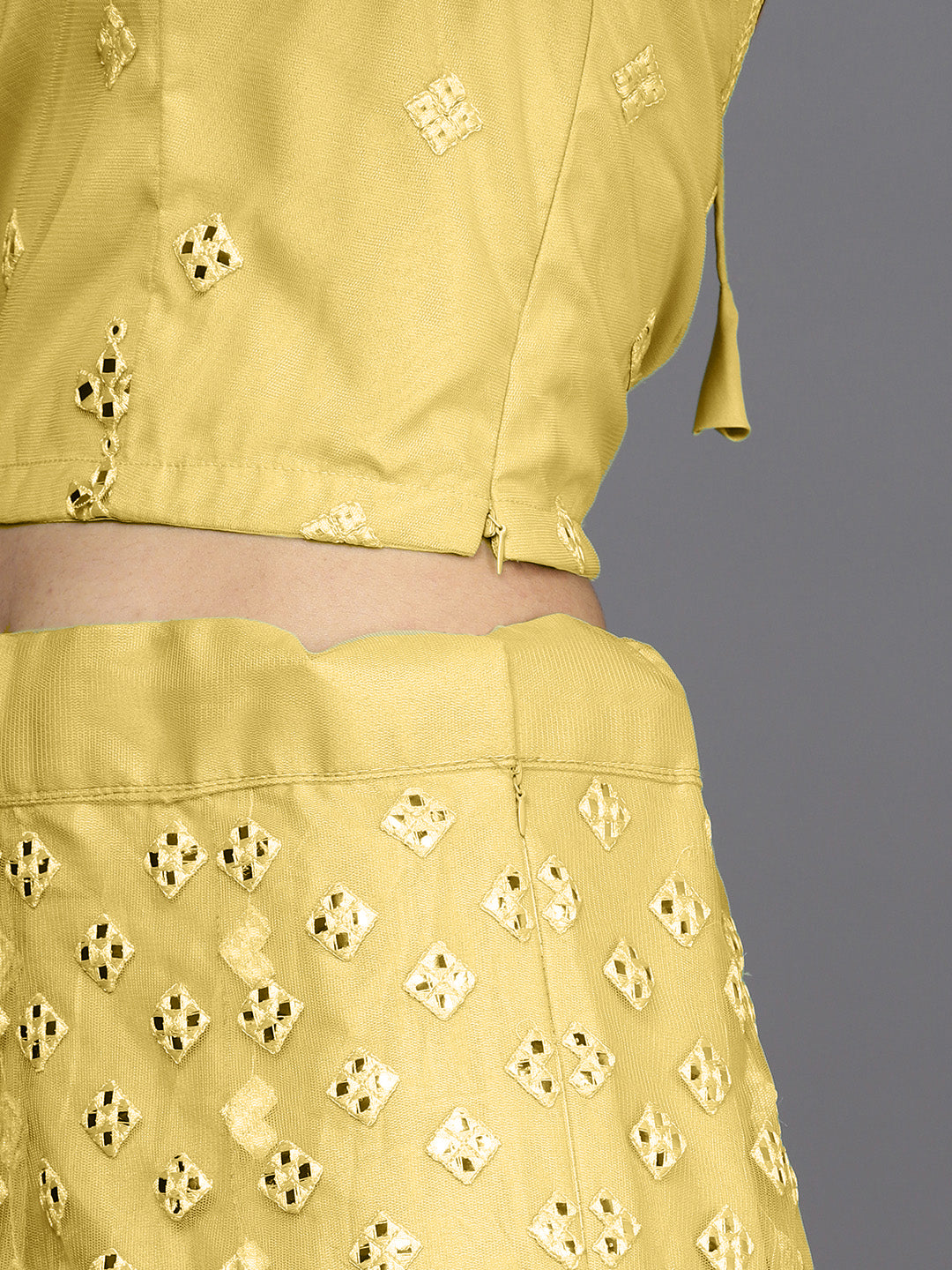 Semi Stitch Yellow Mirror Embellished Chevron Net Lehenga Choli Set
